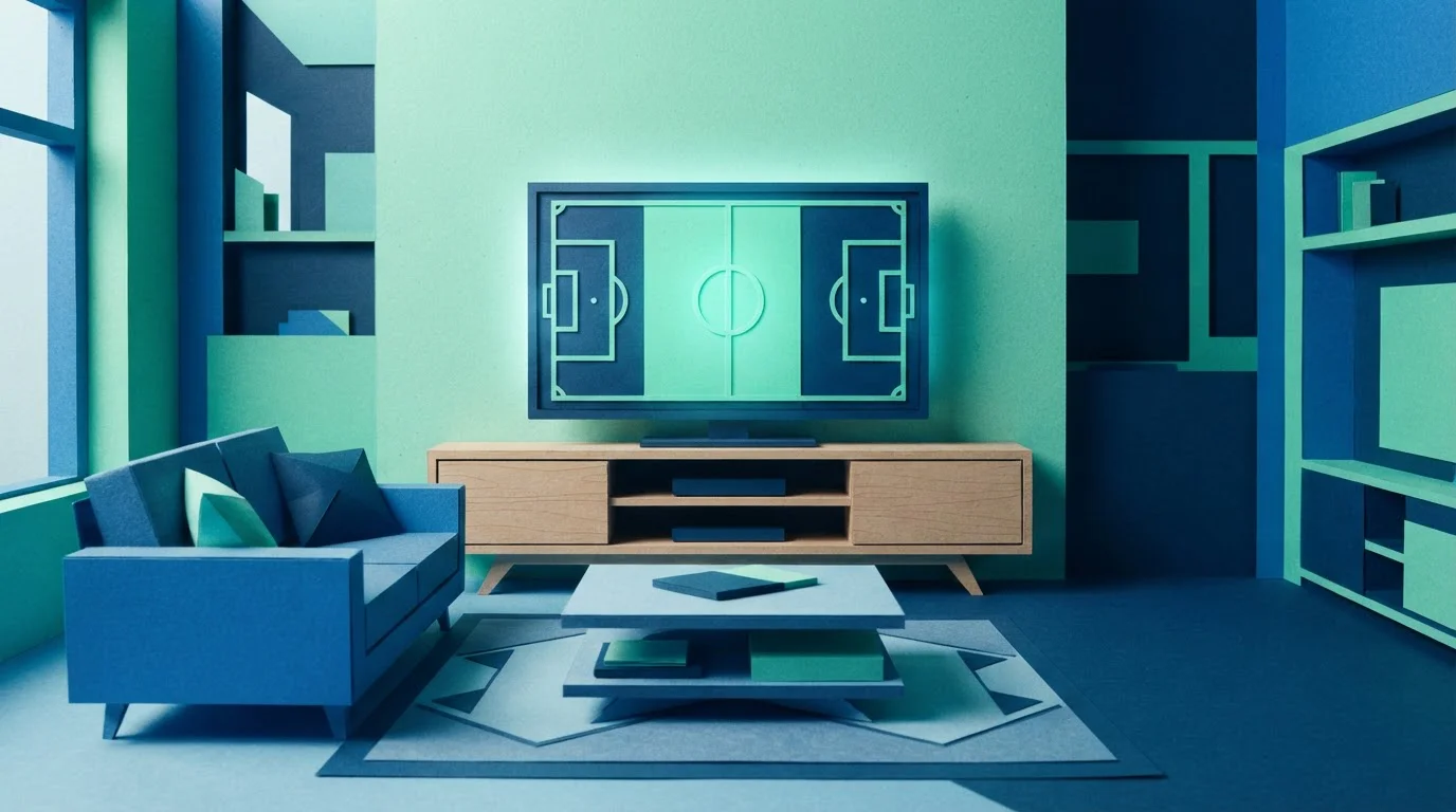 Fernseher mit Spielfeld und Sofa im Wohnzimmer