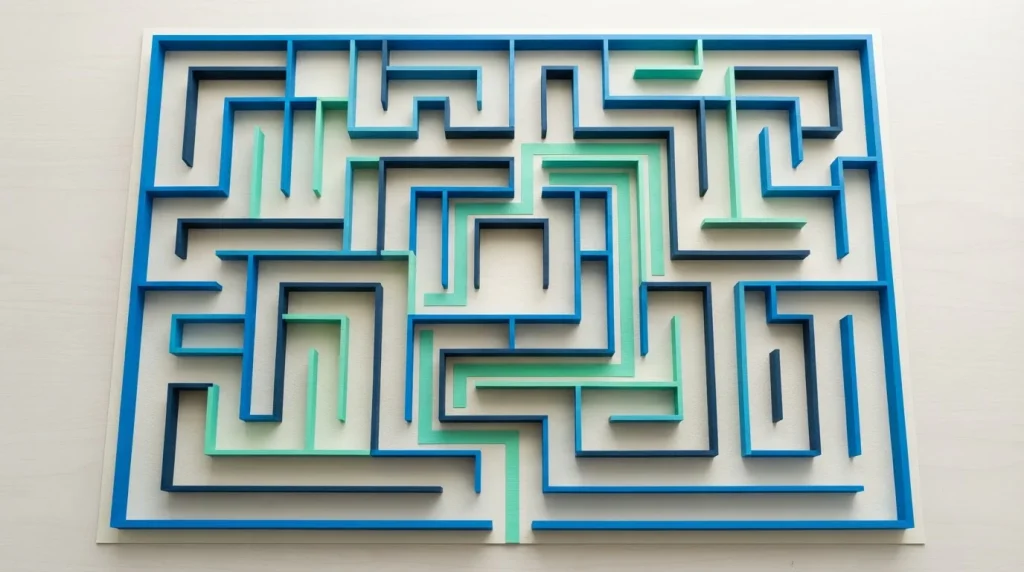 Papierlabyrinth von oben mit markiertem Ausgangsweg